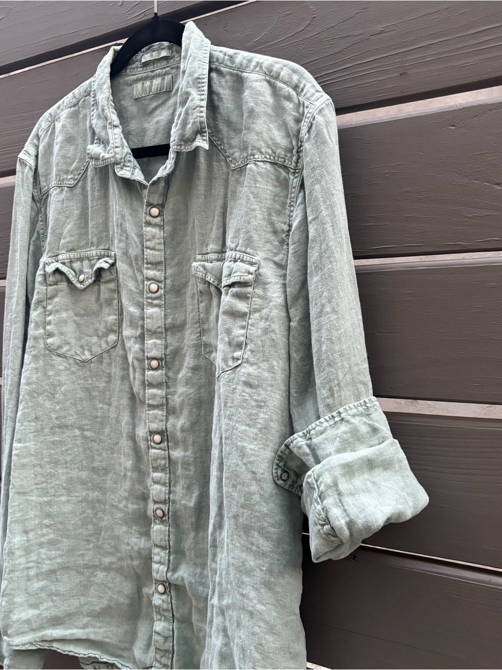Lucky Brand 100% Linen Western Snap Button Shirt Seafoam Green Size Large - Picture 7 of 8